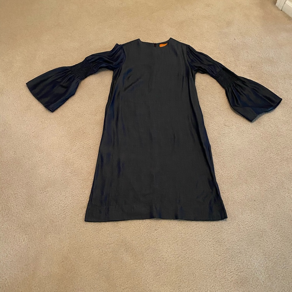 Navy denim chambray flared long sleeve sheath